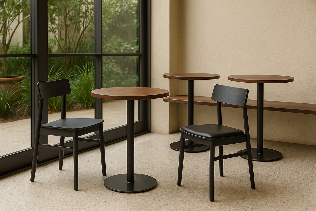 Two Mia dining chairs in black ash finish, one with a leather seat pad, set against a neutral background for product display.