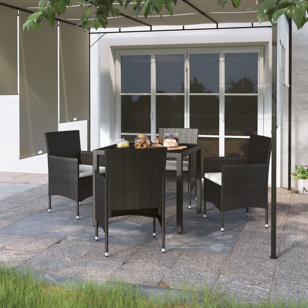 5 Piece Garden Dining Set Poly Rattan And Tempered Glass Beige