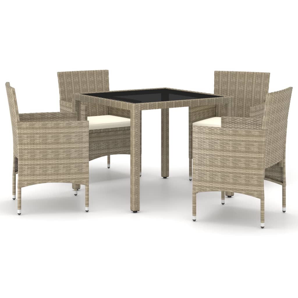 5 Piece Garden Dining Set Poly Rattan And Tempered Glass Beige