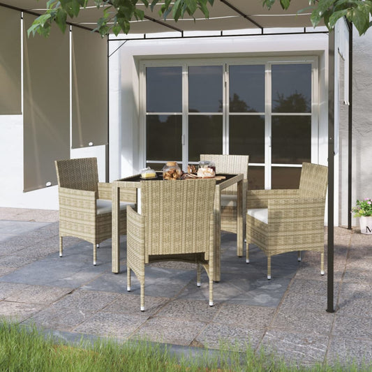 5 Piece Garden Dining Set Poly Rattan And Tempered Glass Beige