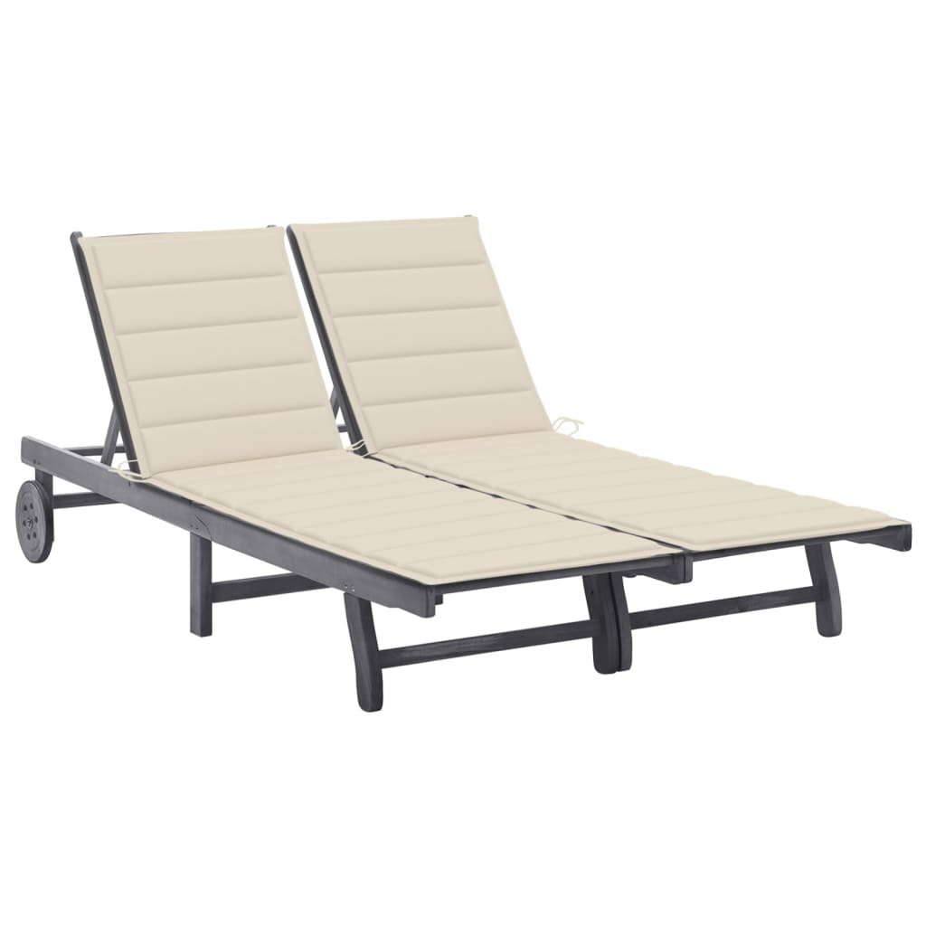 2-Person Garden Sun Lounger With Cushion Grey Solid Acacia Wood