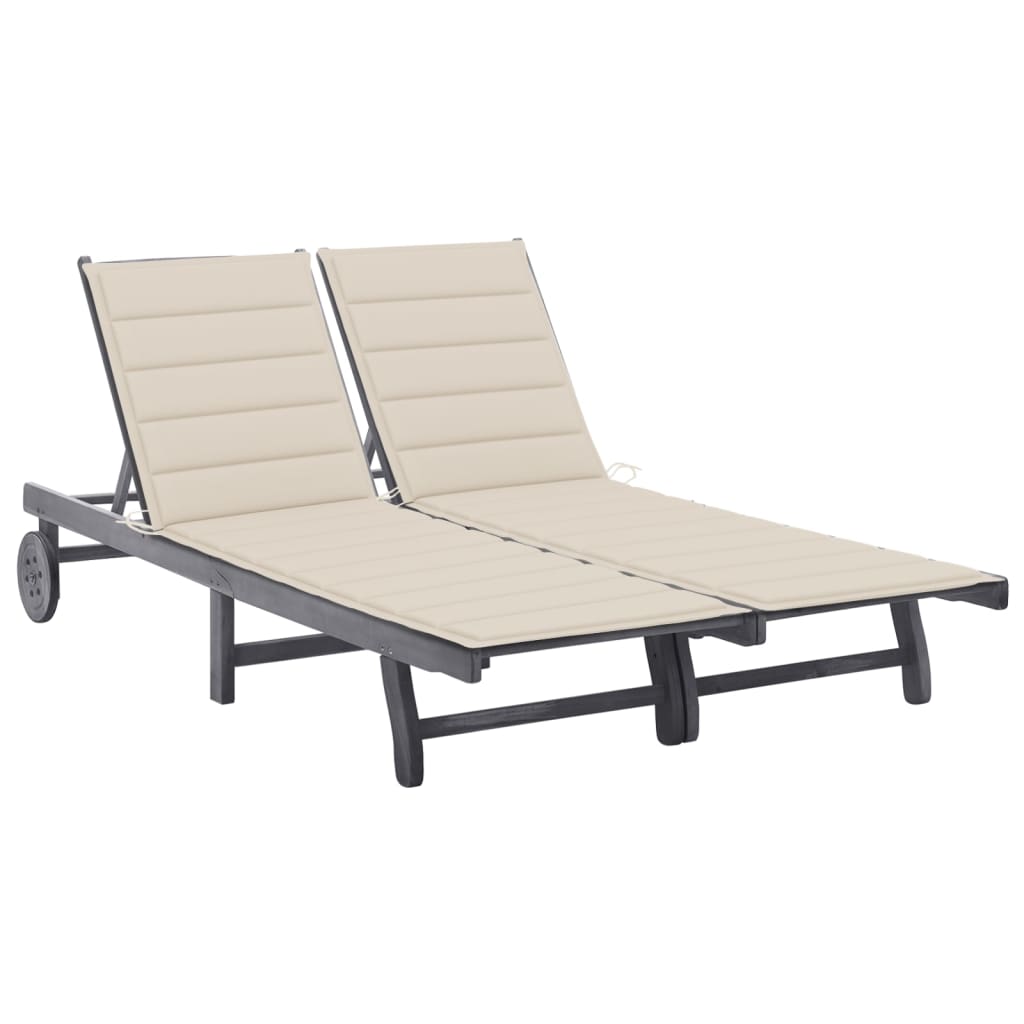 2-Person Garden Sun Lounger With Cushion Grey Solid Acacia Wood