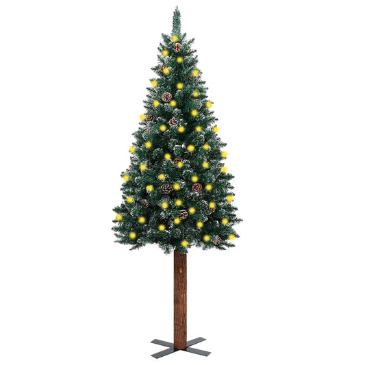Slim Pre-Lit Christmas Tree With Real Wood&White Snow Green 180 Cm