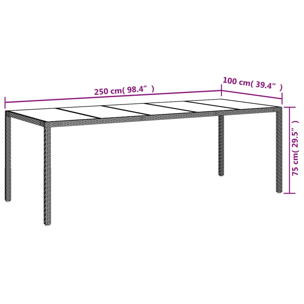 Garden Table 250X100X75 Cm Tempered Glass And Poly Rattan