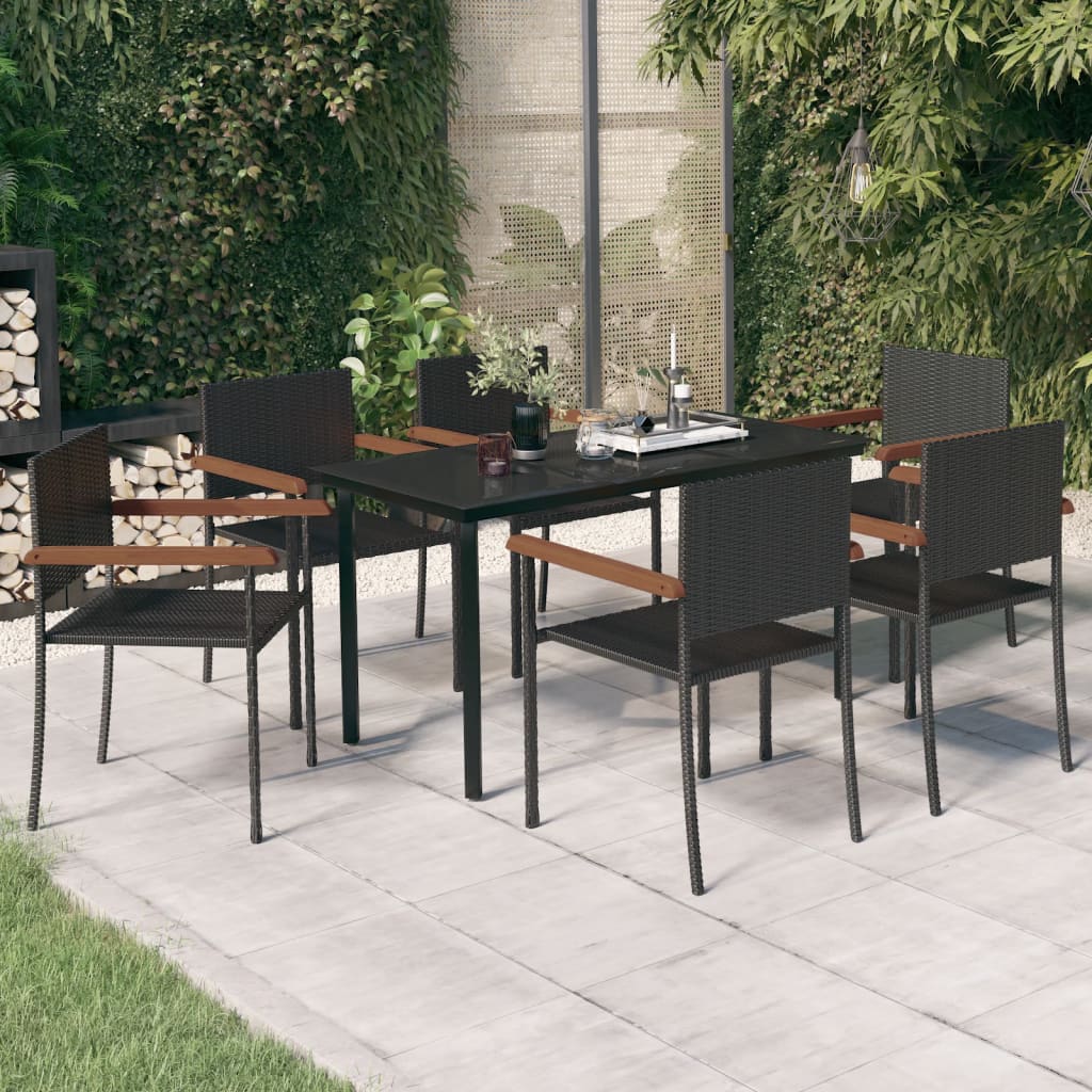 7 Piece Garden Dining Set Black Poly Rattan