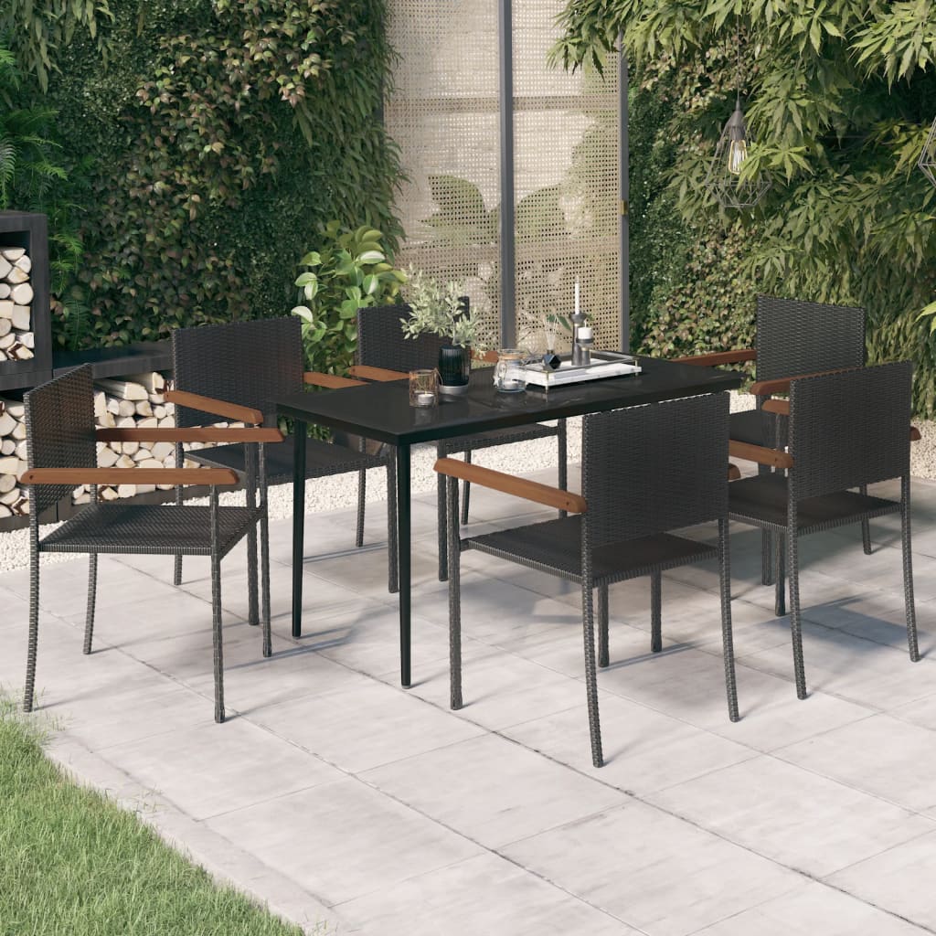 7 Piece Garden Dining Set Black Poly Rattan