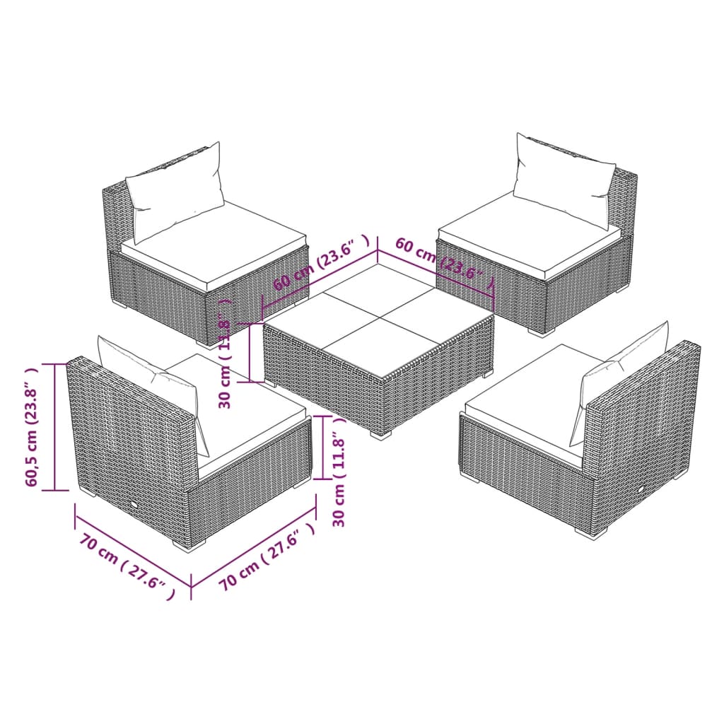 5 Piece Garden Lounge Set With Cushions Poly Rattan Grey