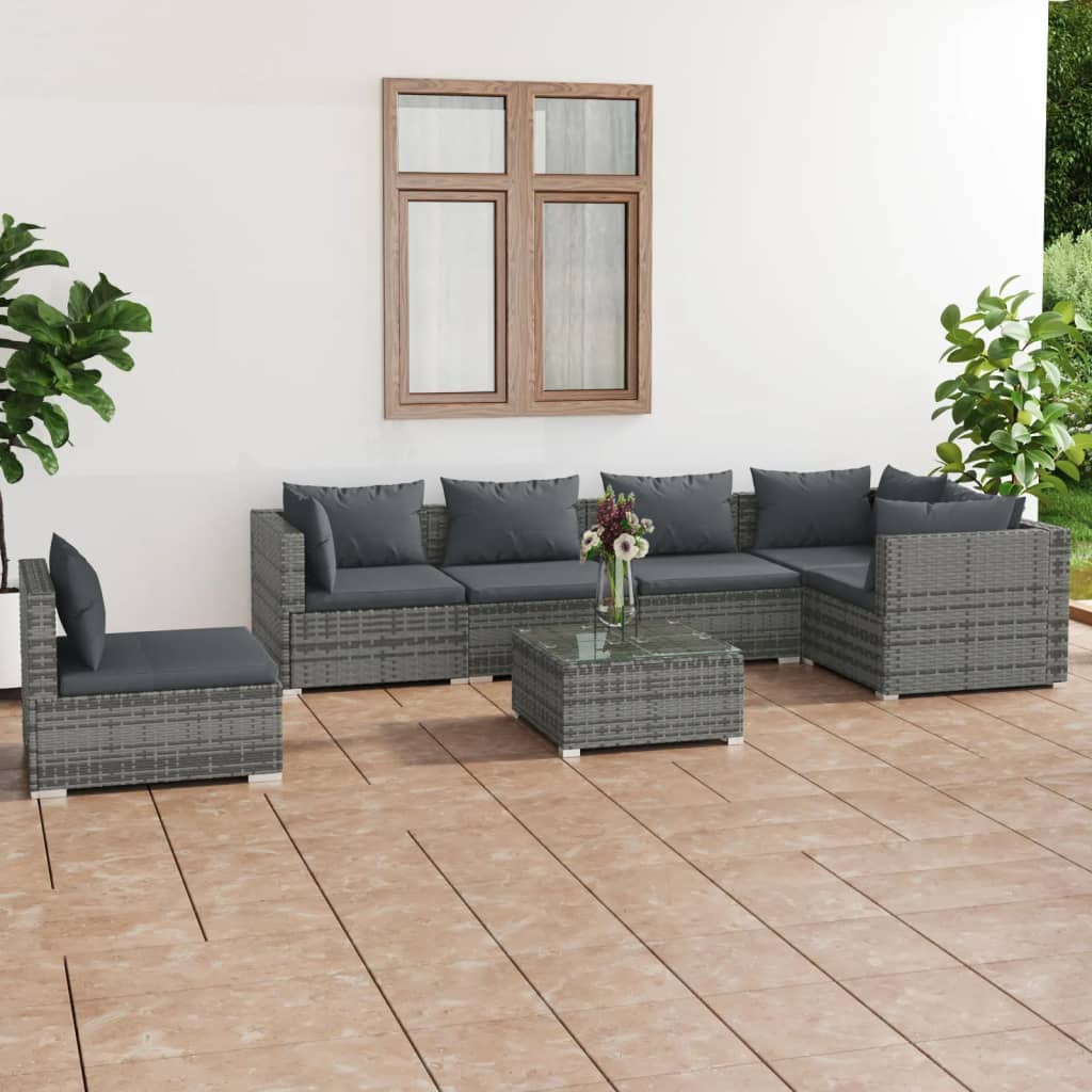 7 Piece Garden Lounge Set With Cushions Poly Rattan Grey