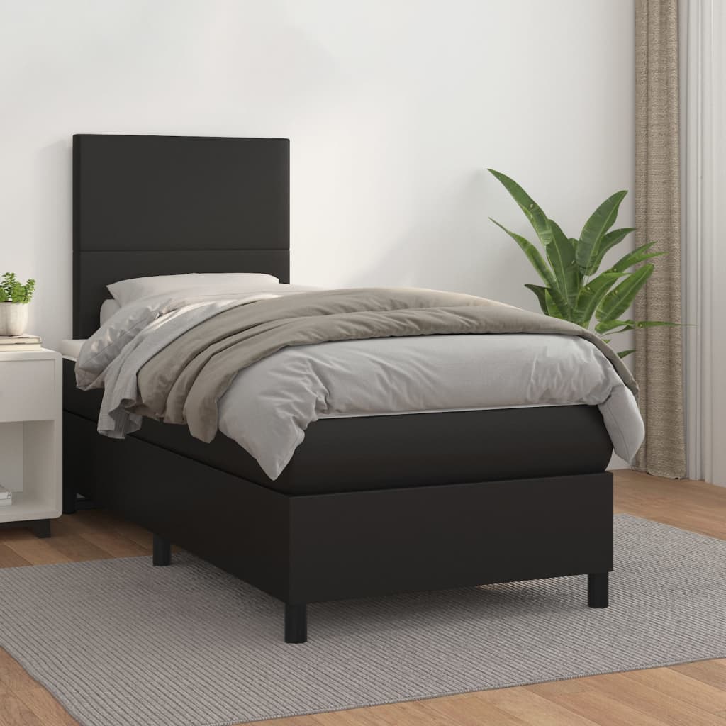 Box Spring Bed With Mattress Black 106X203 Cm Faux Leather