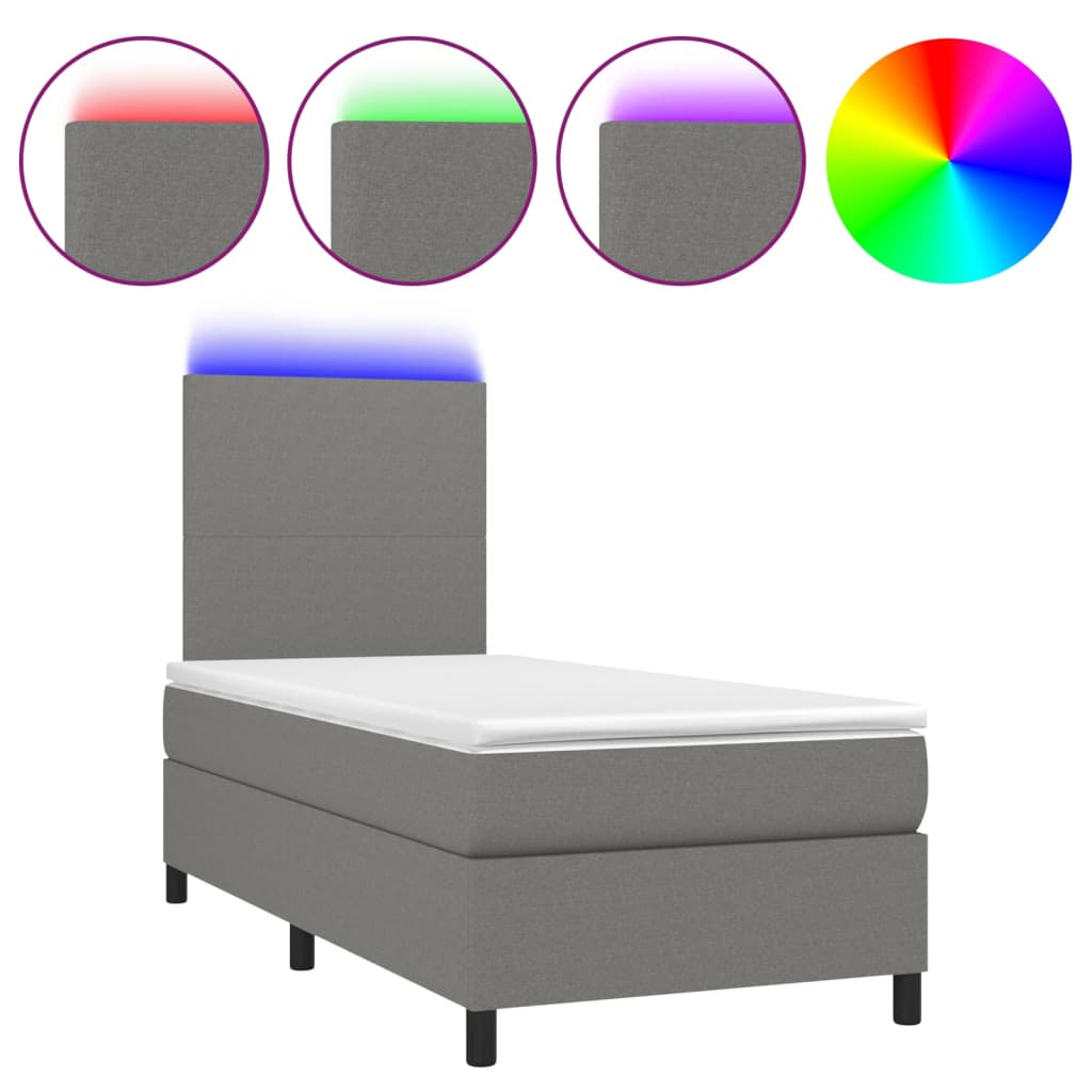 Box Spring Bed With Mattress&Led Dark Grey 106X203 Cm Fabric