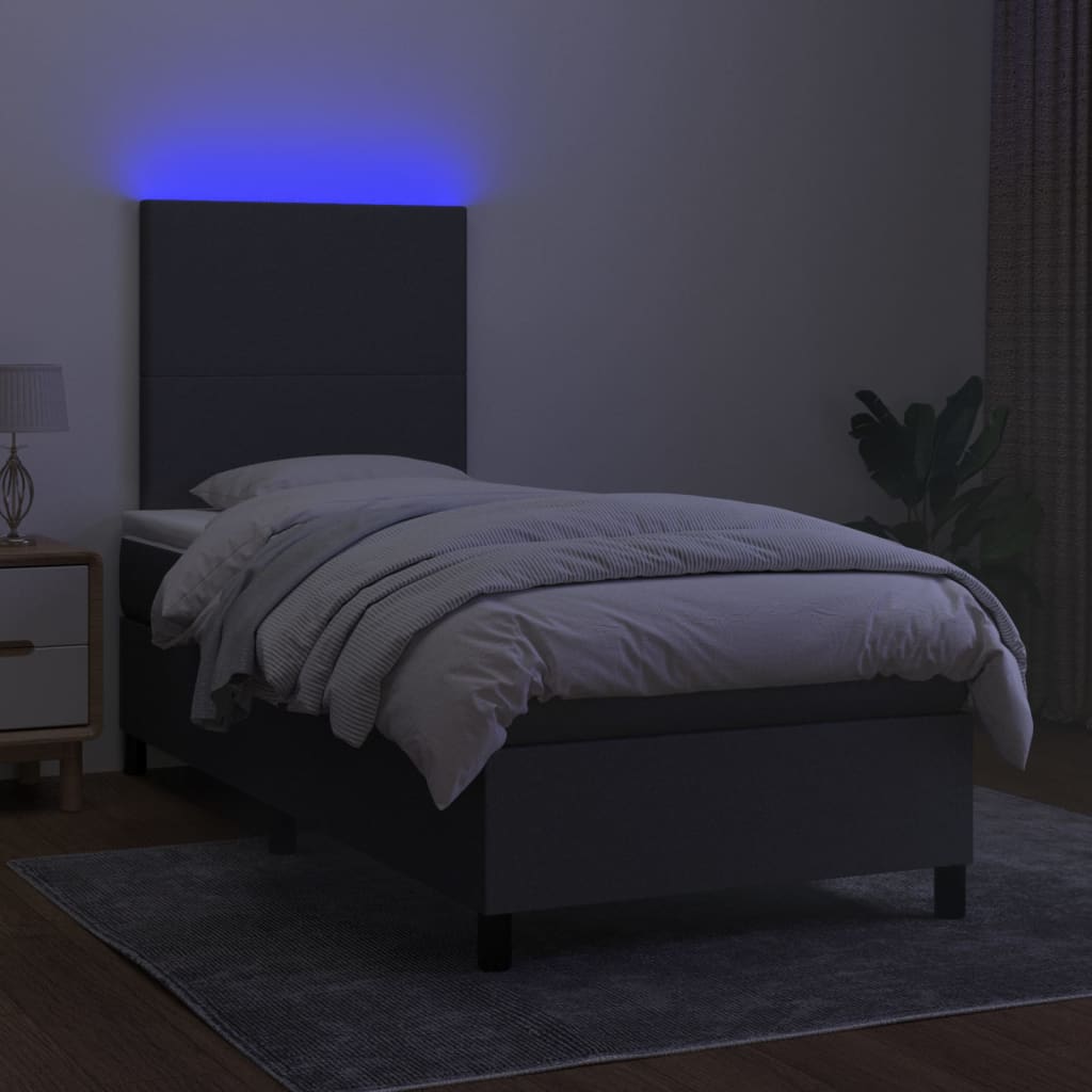Box Spring Bed With Mattress&Led Dark Grey 106X203 Cm Fabric