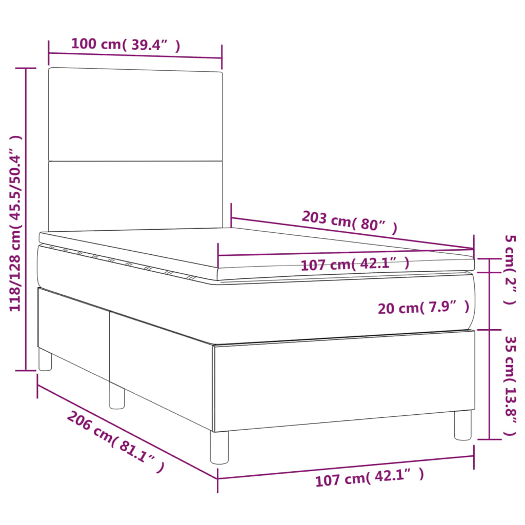 Box Spring Bed With Mattress&Led Dark Grey 106X203 Cm Fabric