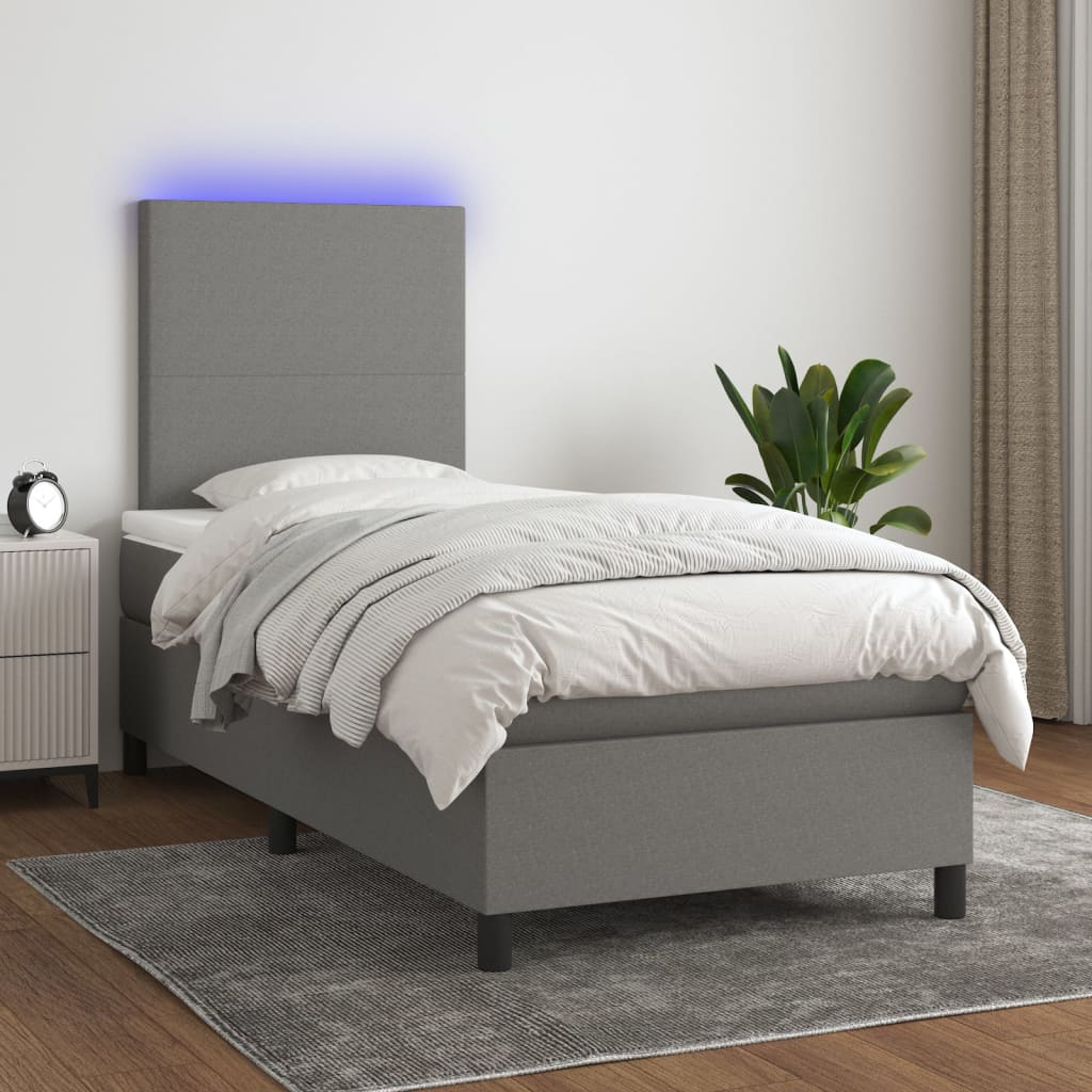 Box Spring Bed With Mattress&Led Dark Grey 106X203 Cm Fabric