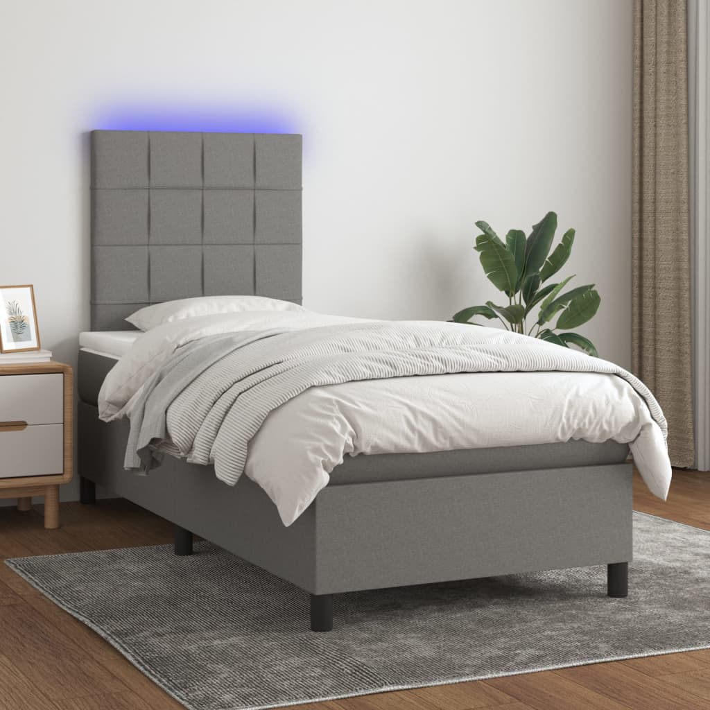 Box Spring Bed With Mattress&Led Dark Grey 106X203 Cm Fabric