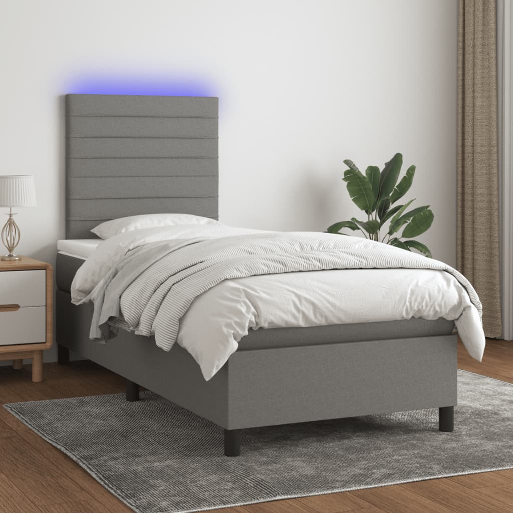 Box Spring Bed With Mattress&Led Dark Grey 106X203 Cm Fabric