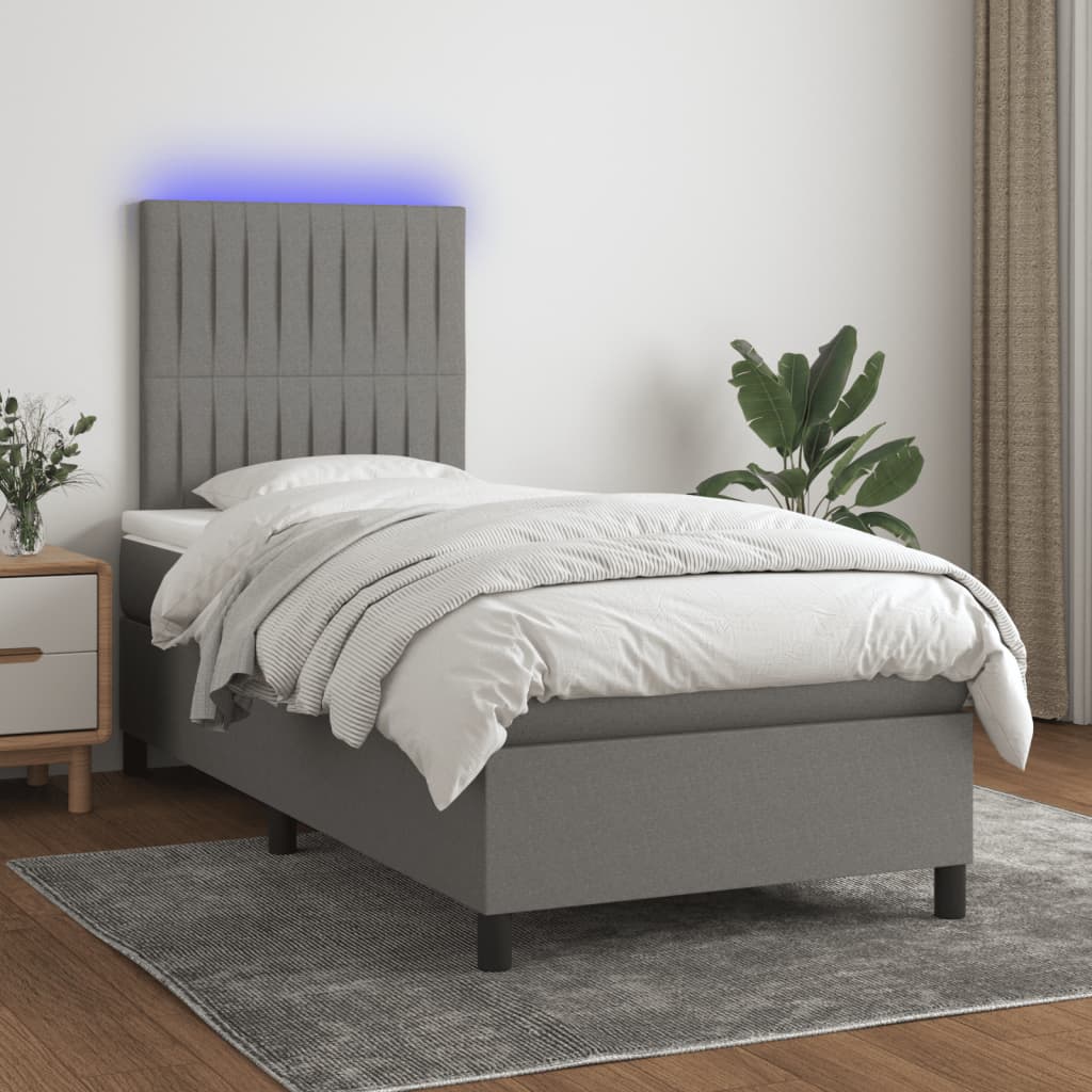 Box Spring Bed With Mattress&Led Dark Grey 106X203 Cm Fabric