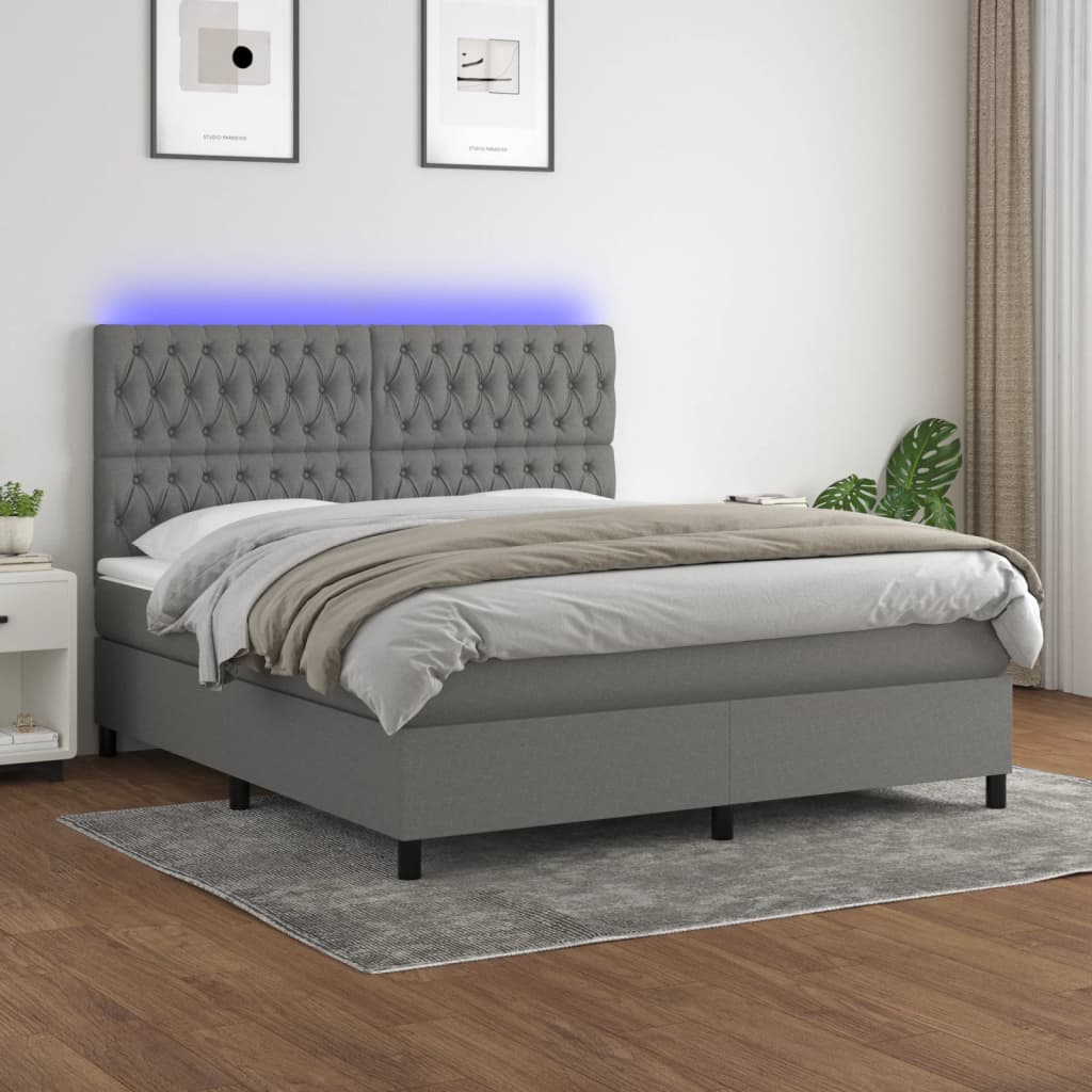 Box Spring Bed With Mattress&Led Dark Grey 106X203 Cm Fabric