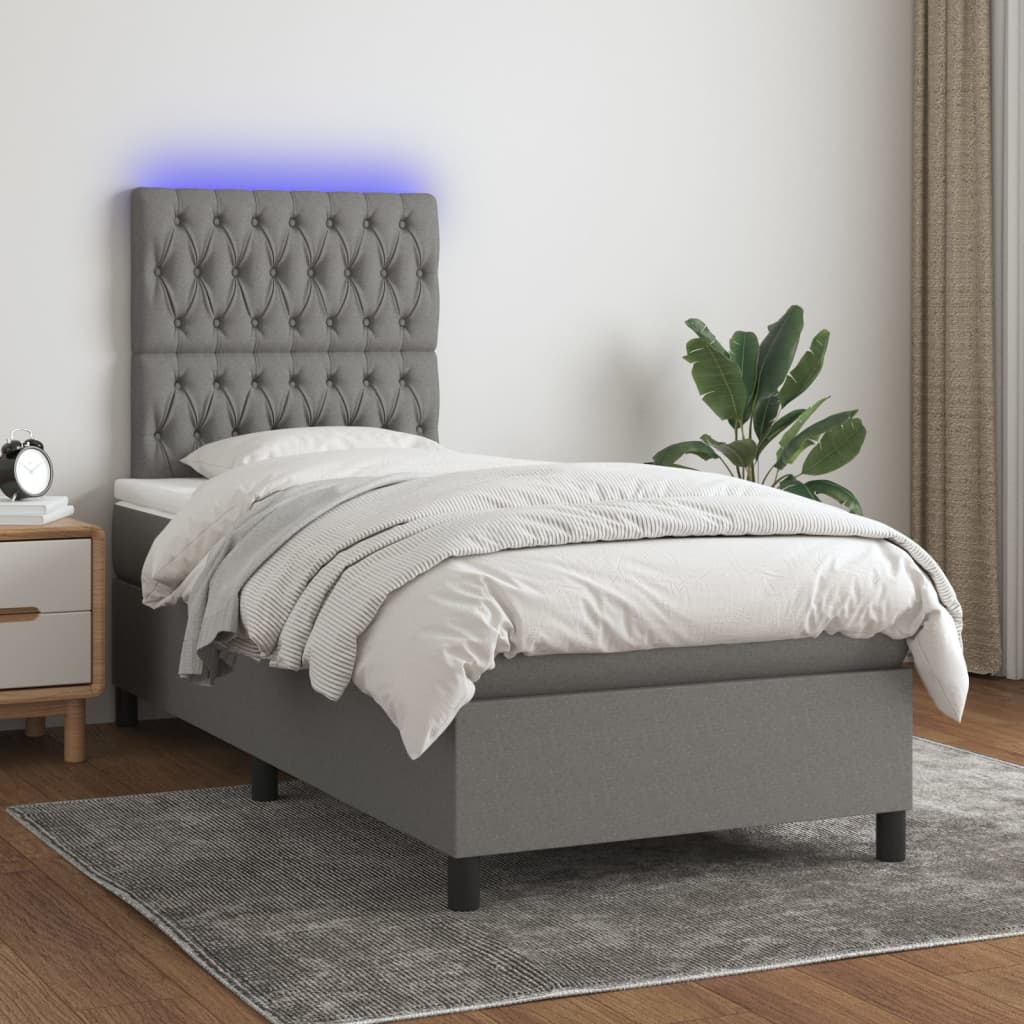 Box Spring Bed With Mattress&Led Dark Grey 106X203 Cm Fabric