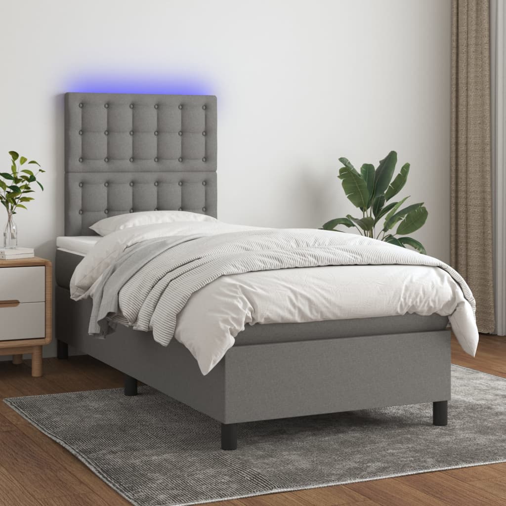 Box Spring Bed With Mattress&Led Dark Grey 106X203 Cm Fabric