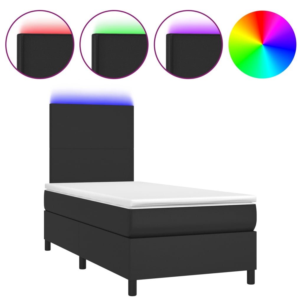 Box Spring Bed With Mattress&Led Black 106X203 Cm Faux Leather