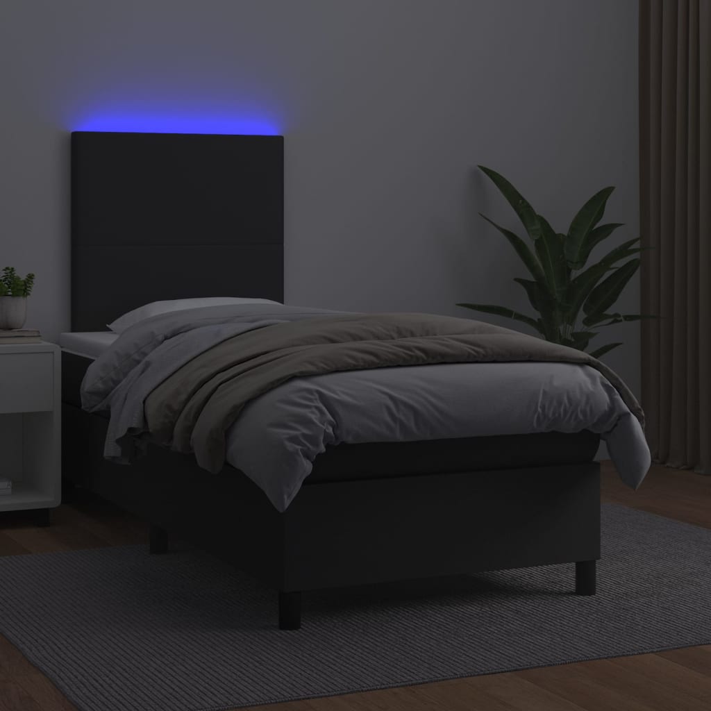 Box Spring Bed With Mattress&Led Black 106X203 Cm Faux Leather