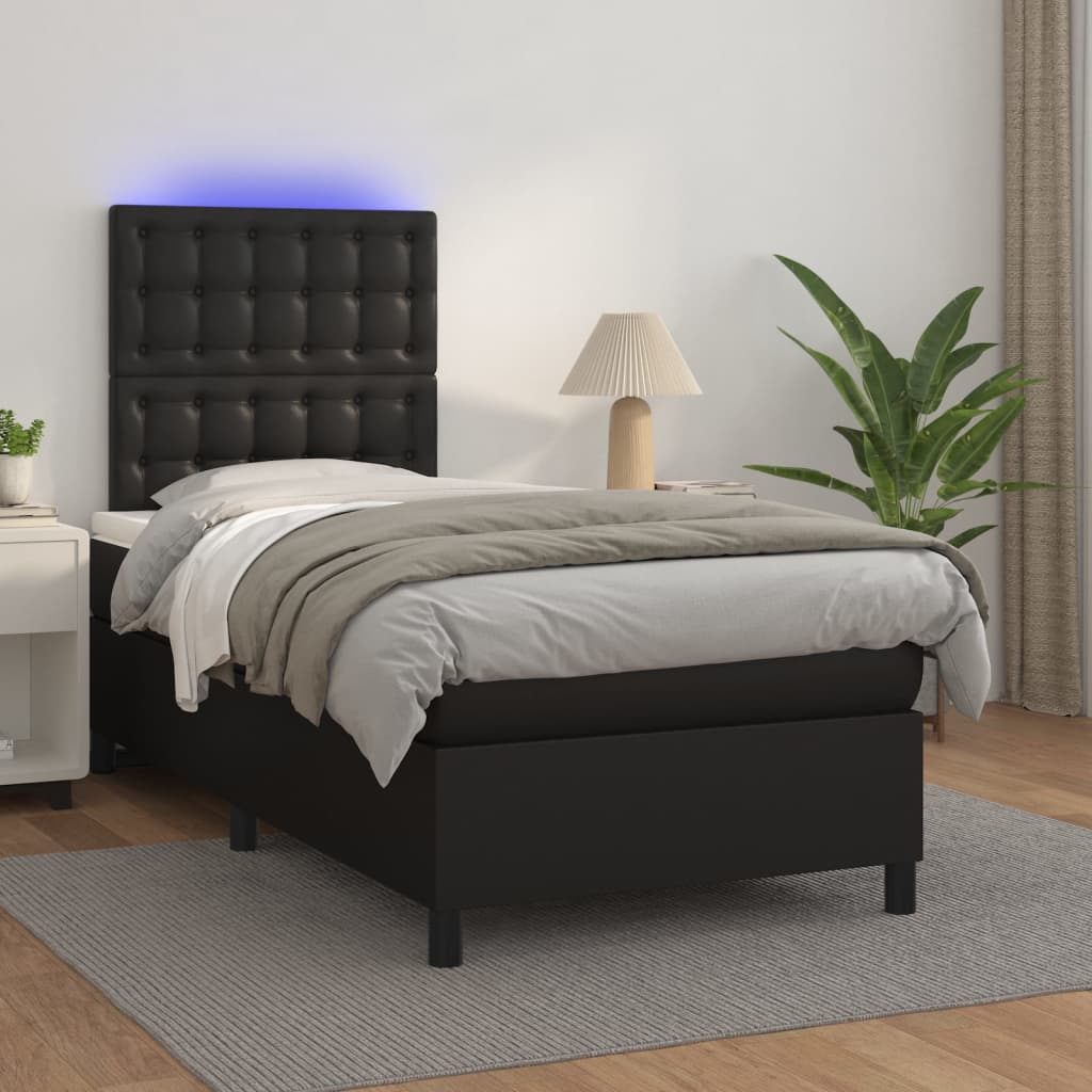 Box Spring Bed With Mattress&Led Black 106X203 Cm Faux Leather