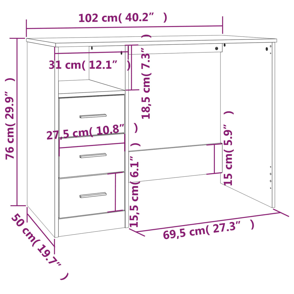 Desk With Drawers 102X50X76 Cm Engineered Wood
