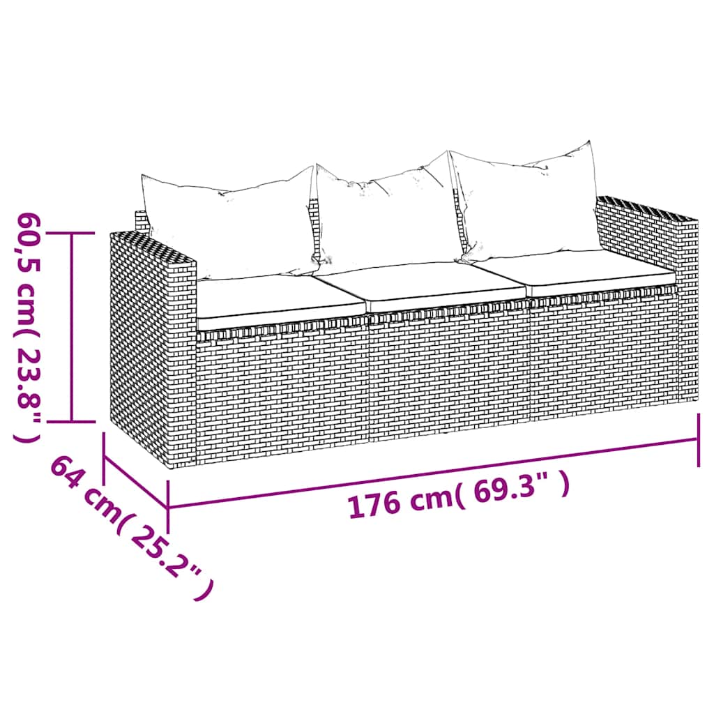 3-Seater Garden Sofa With Cushions Poly Rattan