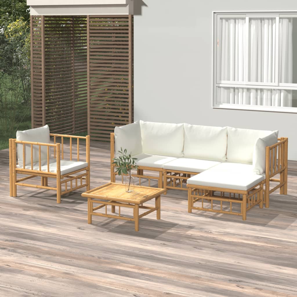 6 Piece Garden Lounge Set With White Cushions Bamboo
