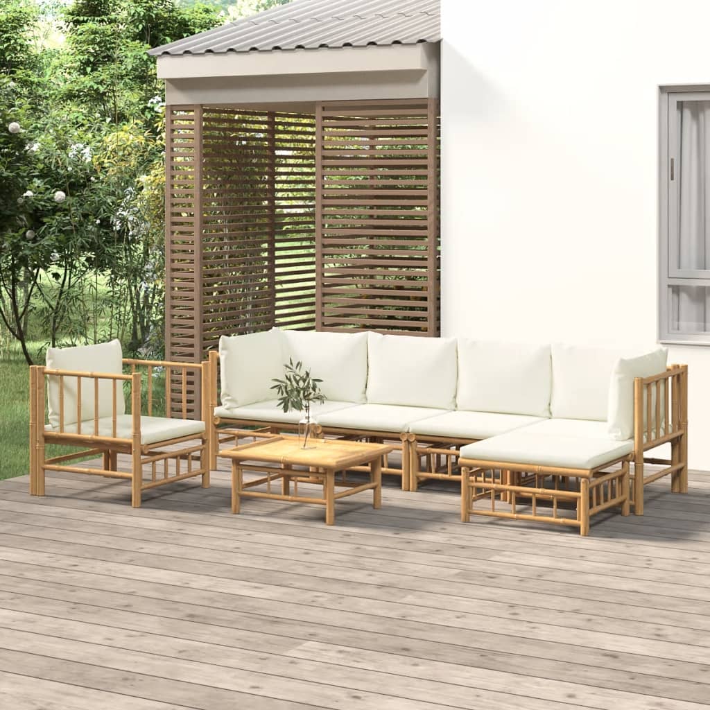 6 Piece Garden Lounge Set With White Cushions Bamboo