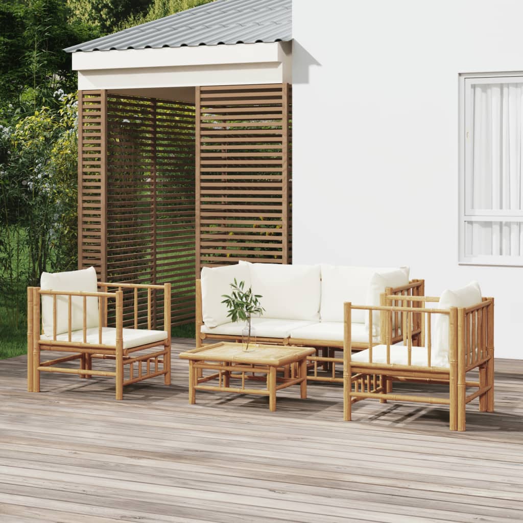 6 Piece Garden Lounge Set With White Cushions Bamboo