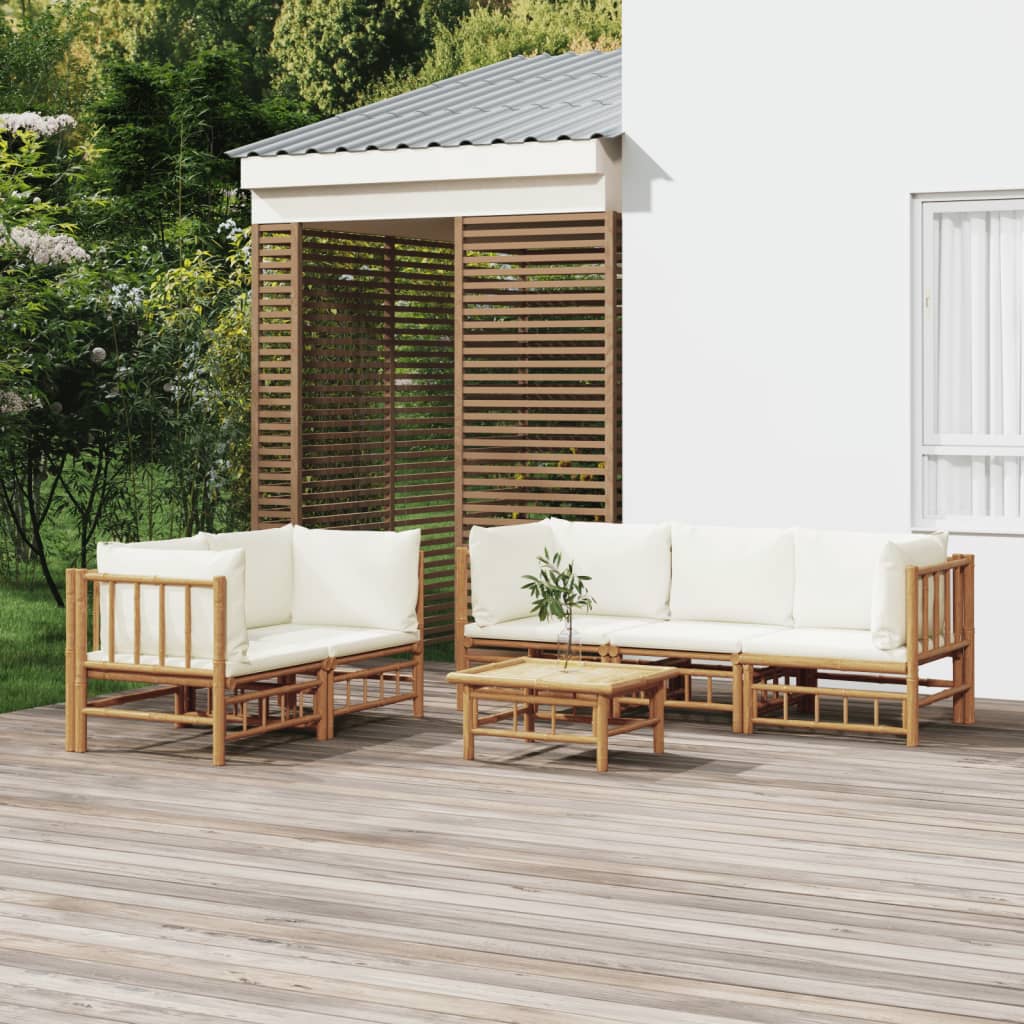 6 Piece Garden Lounge Set With White Cushions Bamboo