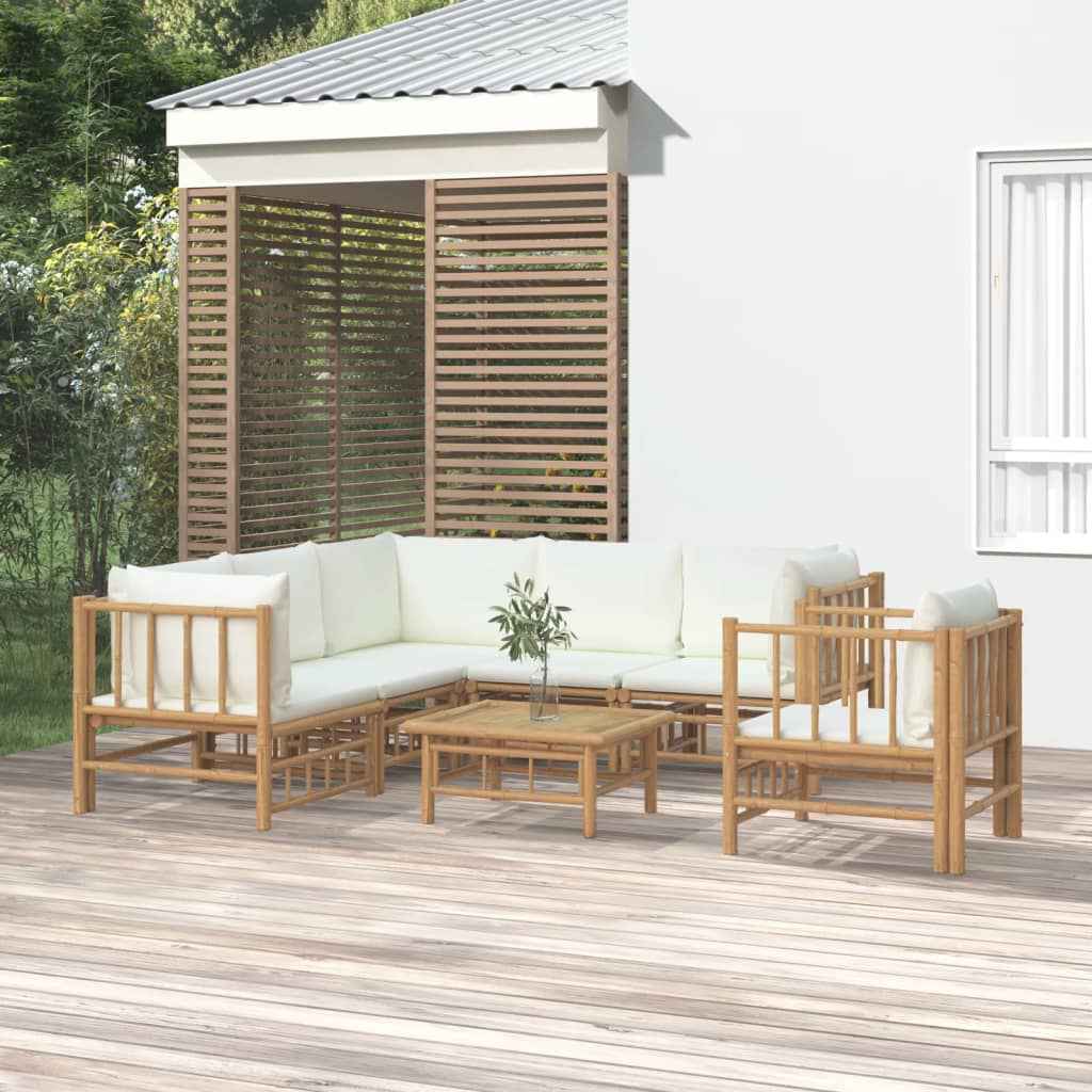 6 Piece Garden Lounge Set With White Cushions Bamboo