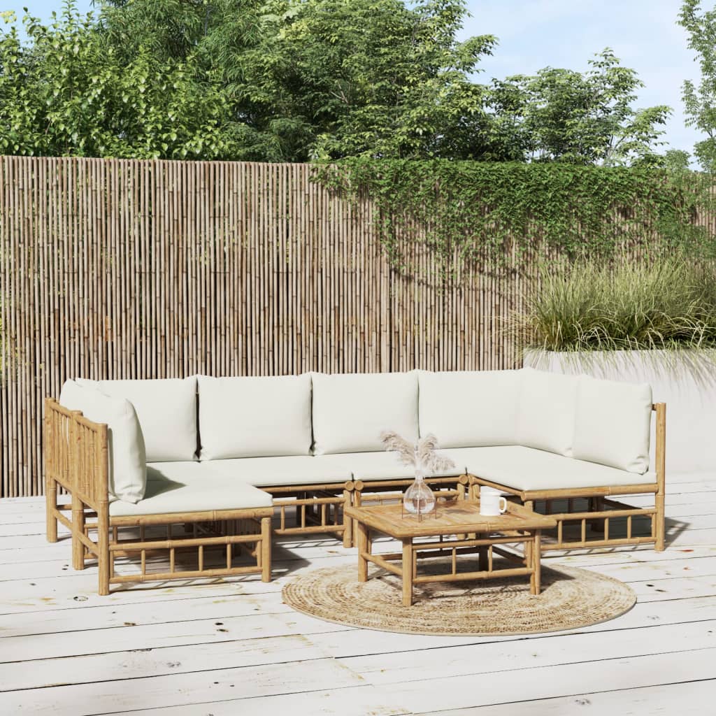6 Piece Garden Lounge Set With White Cushions Bamboo