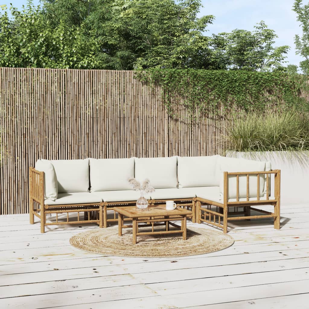 6 Piece Garden Lounge Set With White Cushions Bamboo