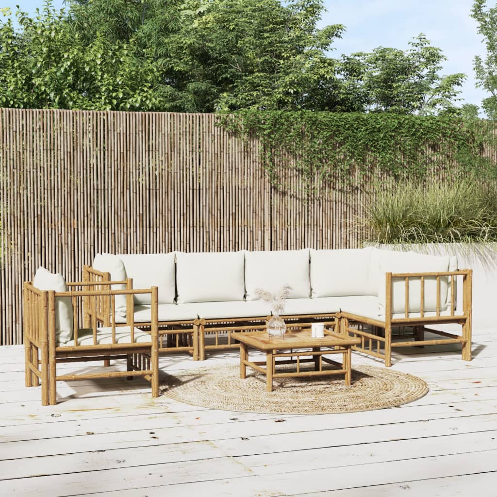 6 Piece Garden Lounge Set With White Cushions Bamboo