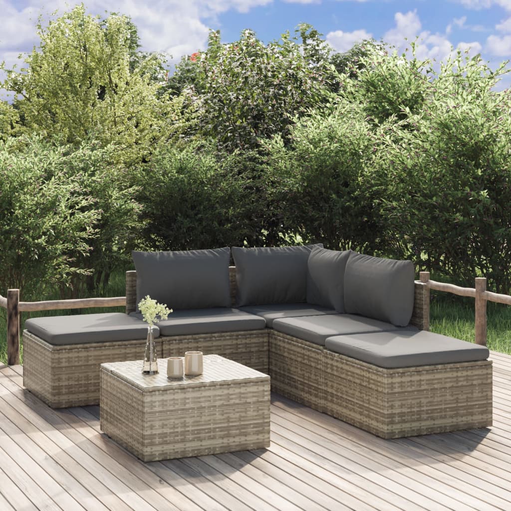 5 Piece Garden Lounge Set With Cushions Grey Poly Rattan