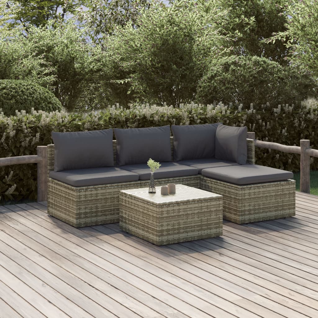 5 Piece Garden Lounge Set With Cushions Grey Poly Rattan