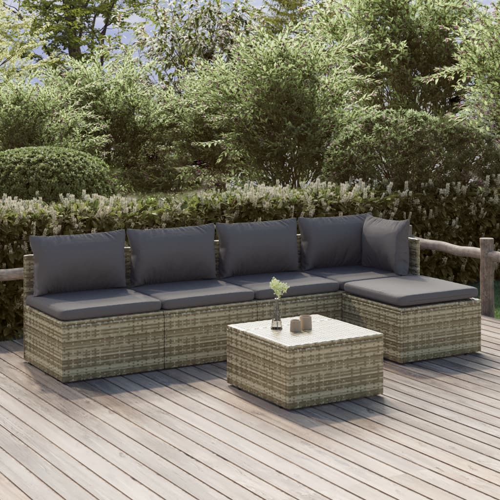 5 Piece Garden Lounge Set With Cushions Grey Poly Rattan