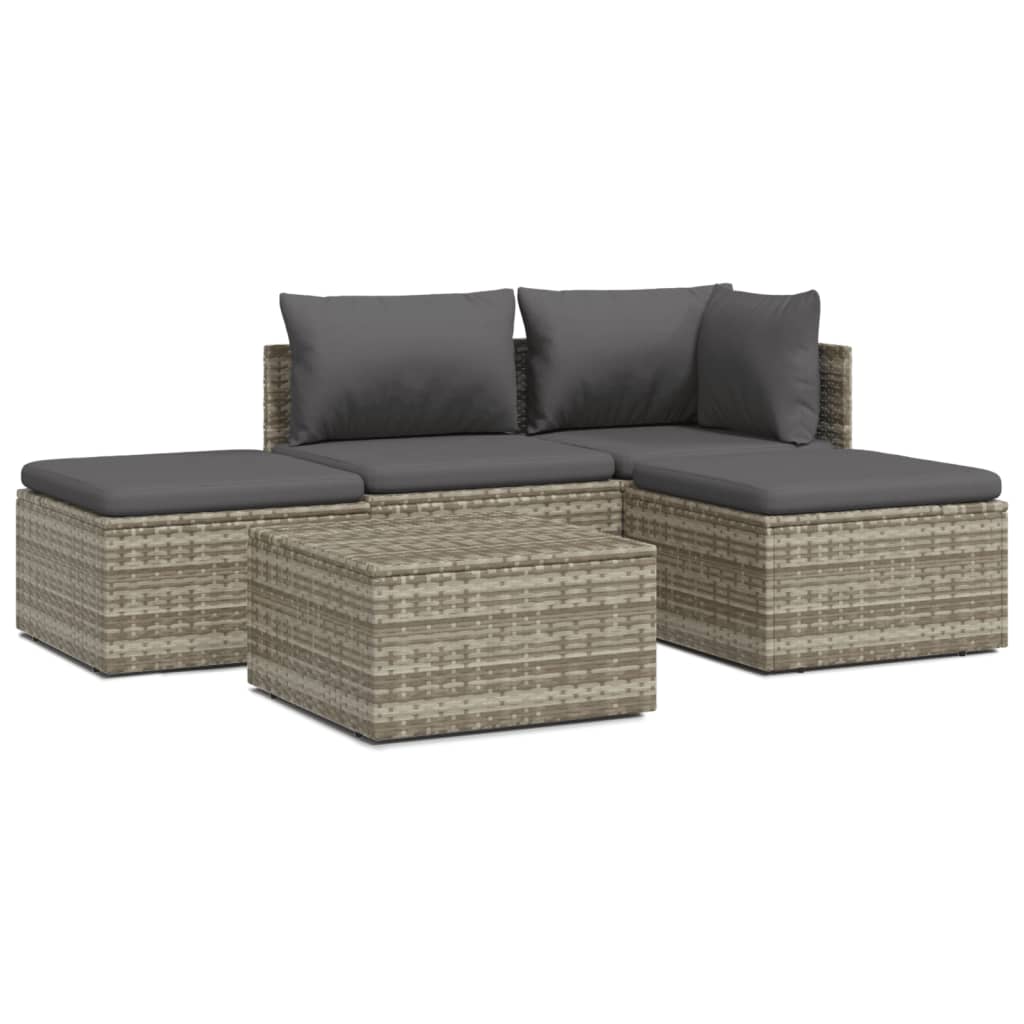 5 Piece Garden Lounge Set With Cushions Grey Poly Rattan