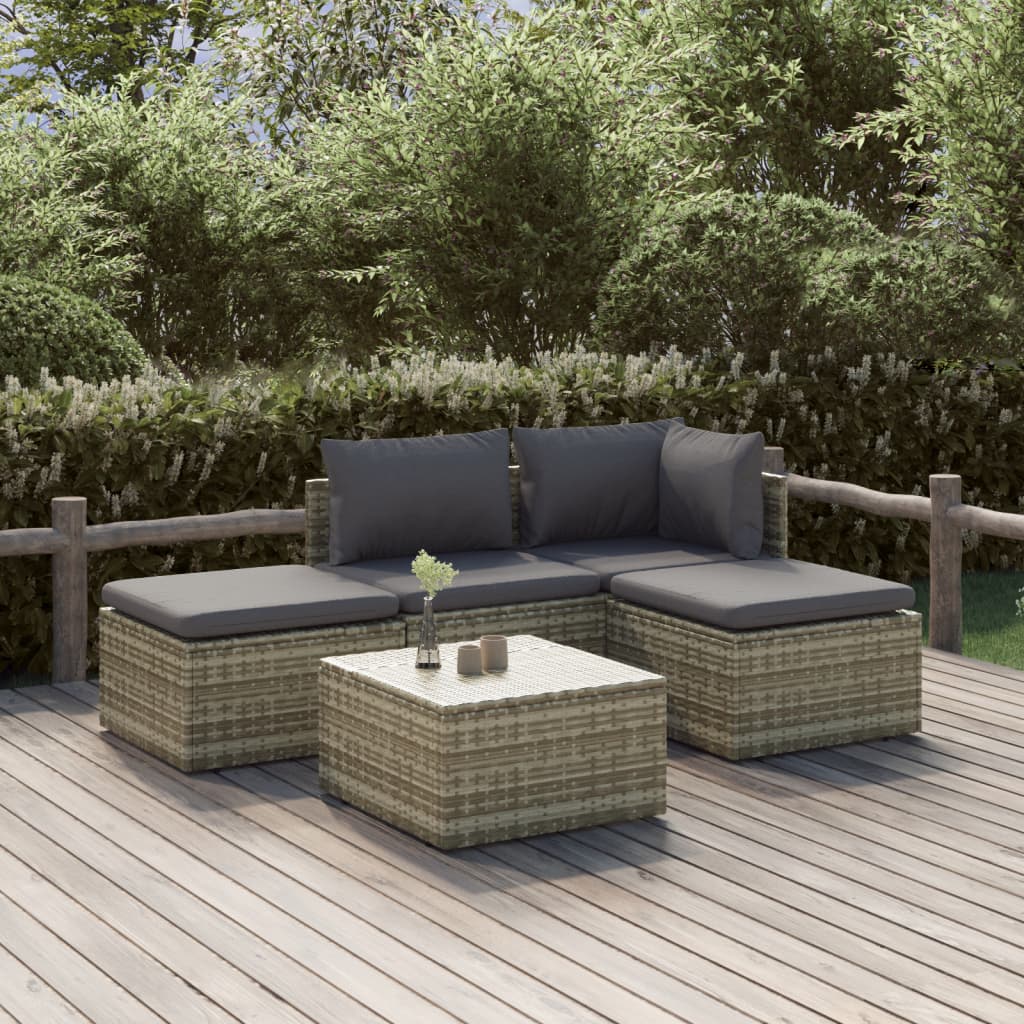 5 Piece Garden Lounge Set With Cushions Grey Poly Rattan