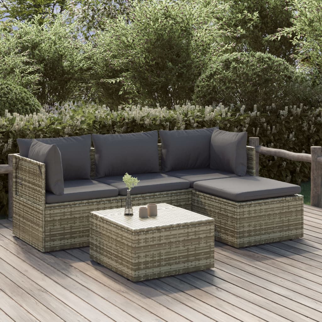 5 Piece Garden Lounge Set With Cushions Grey Poly Rattan