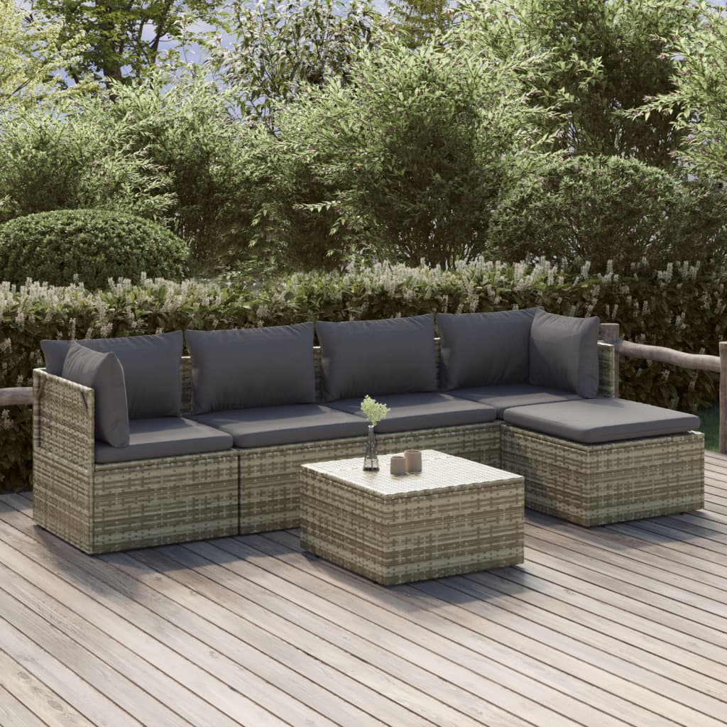 5 Piece Garden Lounge Set With Cushions Grey Poly Rattan