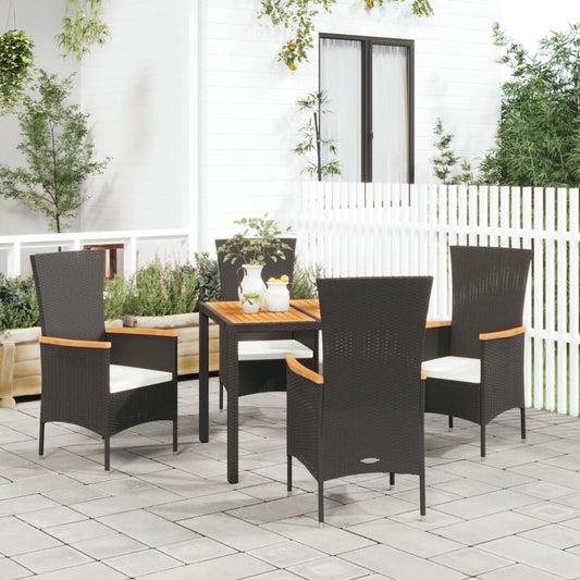 5 Piece Garden Dining Set With Cushions Black Poly Rattan