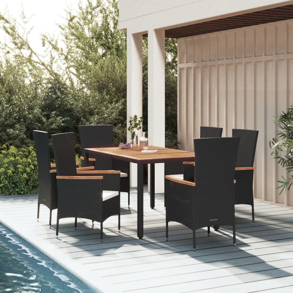 5 Piece Garden Dining Set With Cushions Black Poly Rattan
