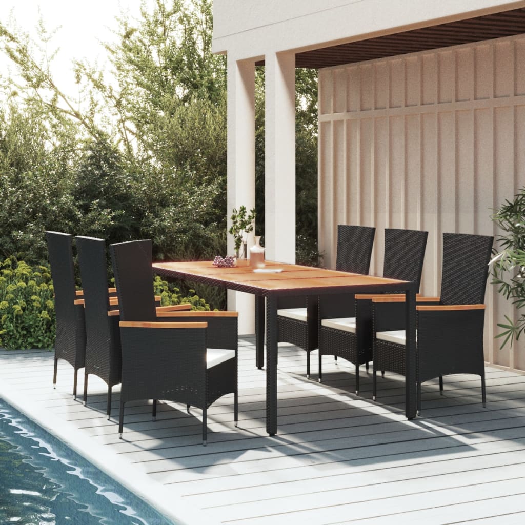 5 Piece Garden Dining Set With Cushions Black Poly Rattan