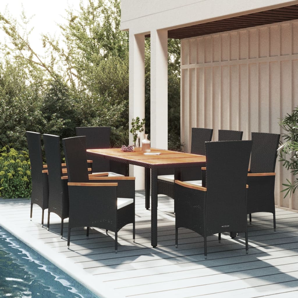 5 Piece Garden Dining Set With Cushions Black Poly Rattan