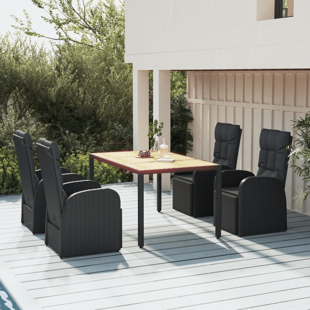 7 Piece Garden Dining Set Black Poly Rattan&Solid Wood Acacia