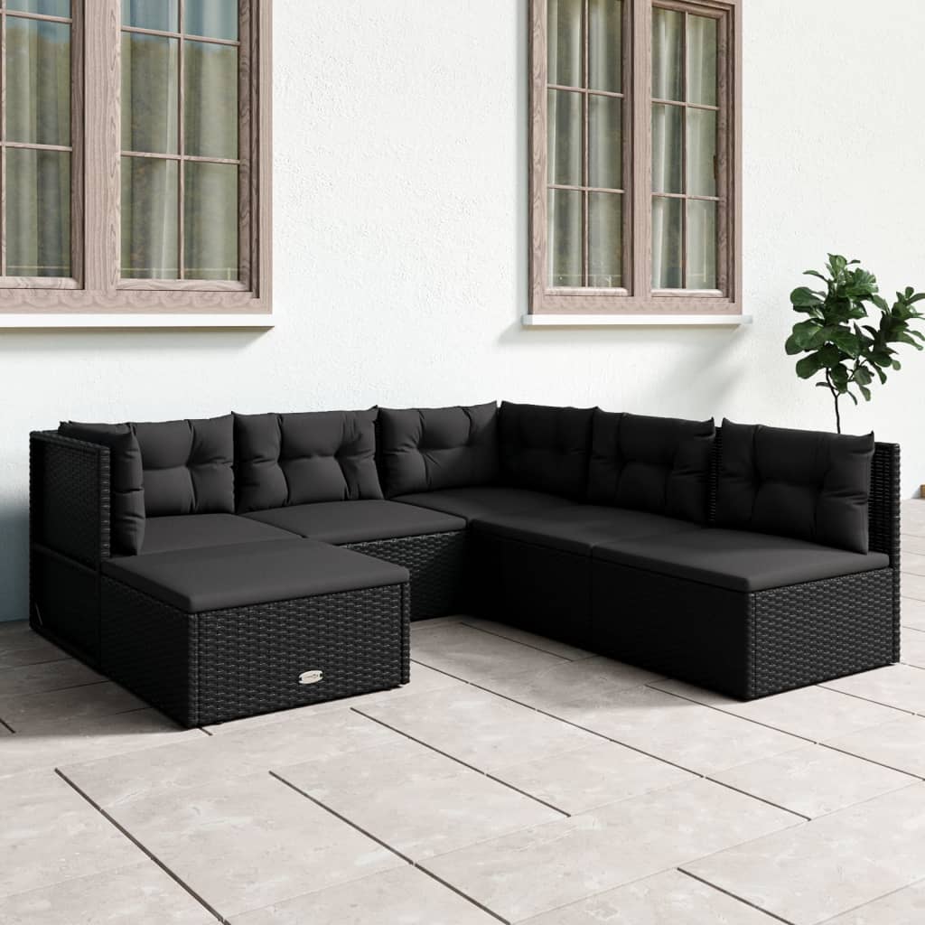 7 Piece Garden Lounge Set With Cushions Black Poly Rattan