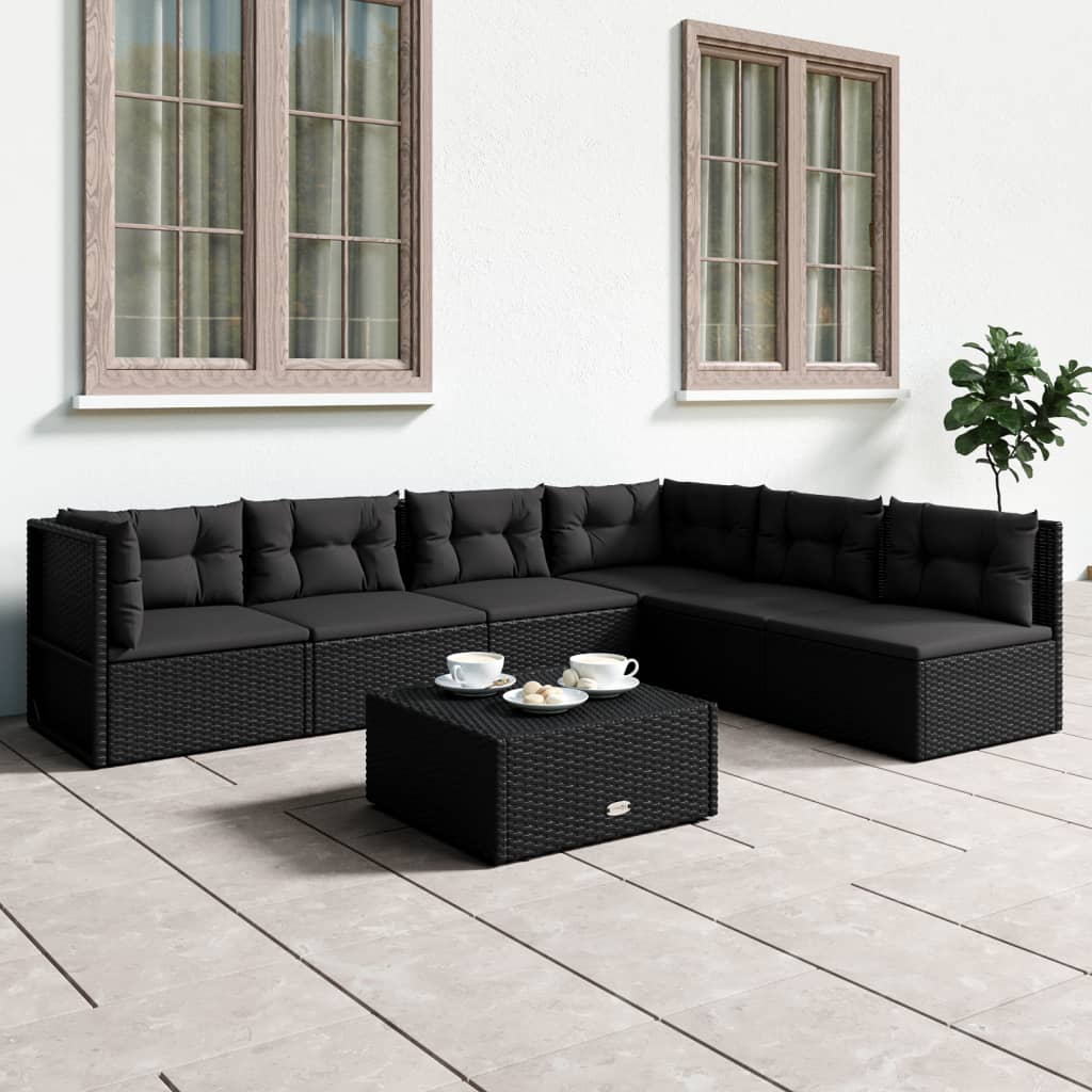 7 Piece Garden Lounge Set With Cushions Black Poly Rattan